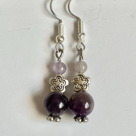 Lavender Purple Amethyst Bead Earrings Silver Plated Flower Dangle Semiprecious - Picture 4 of 7